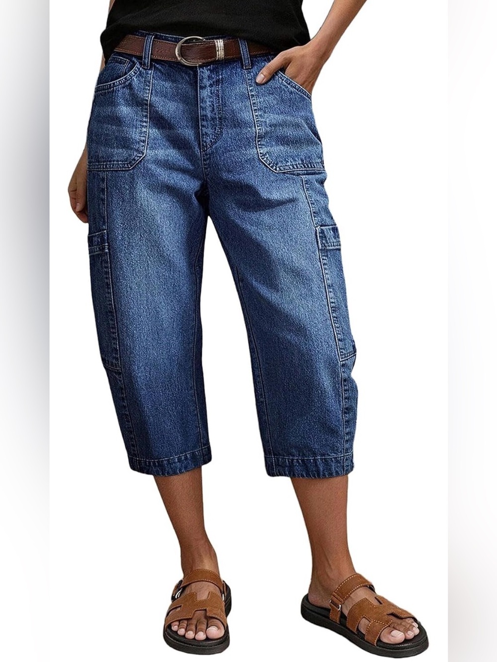 Flamingals Mid Waist Barrel Leg Capri Jeans Cargo XS PS3-6